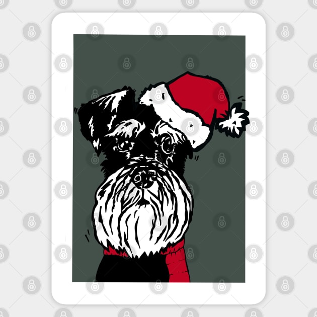 Miniature Schnauzer in Christmas Santa Hat and Red Woolly Scarf Linoprint Sticker by NattyDesigns